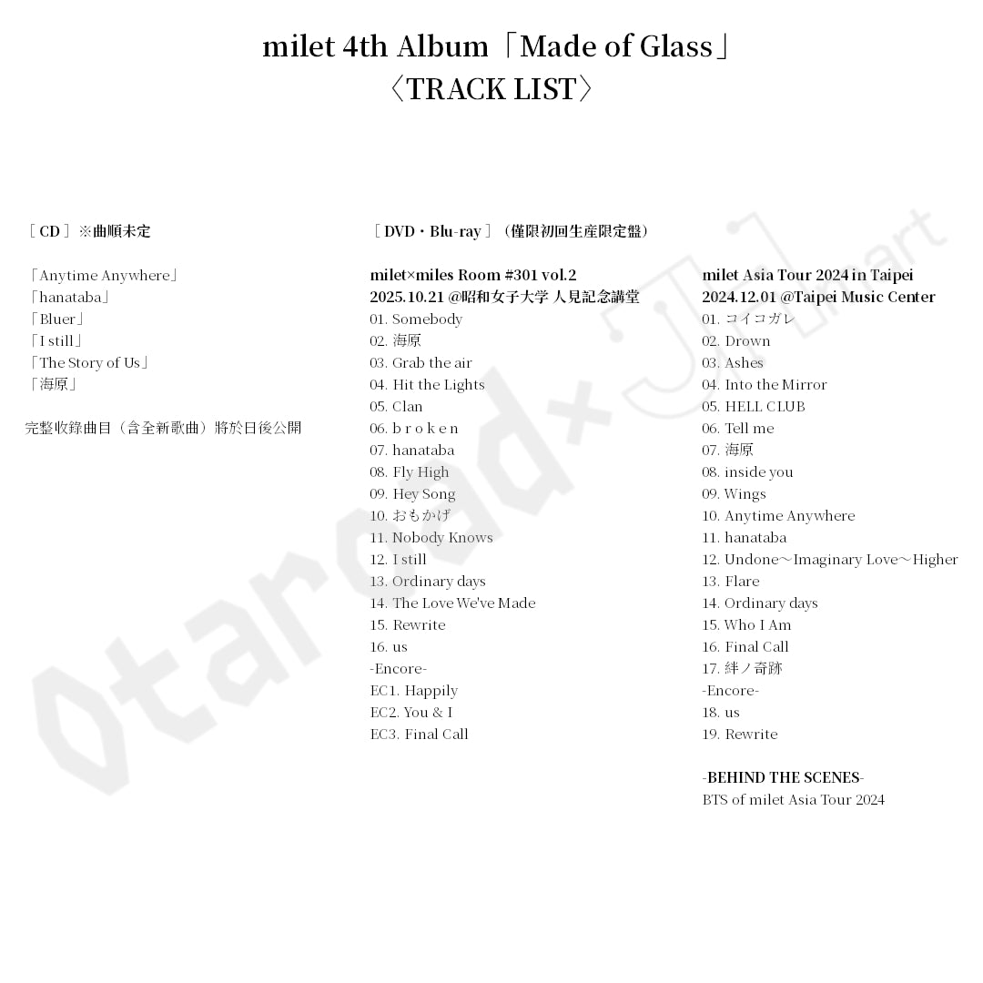 預訂：[日版CD] milet 4th Album「Made of Glass」連特典