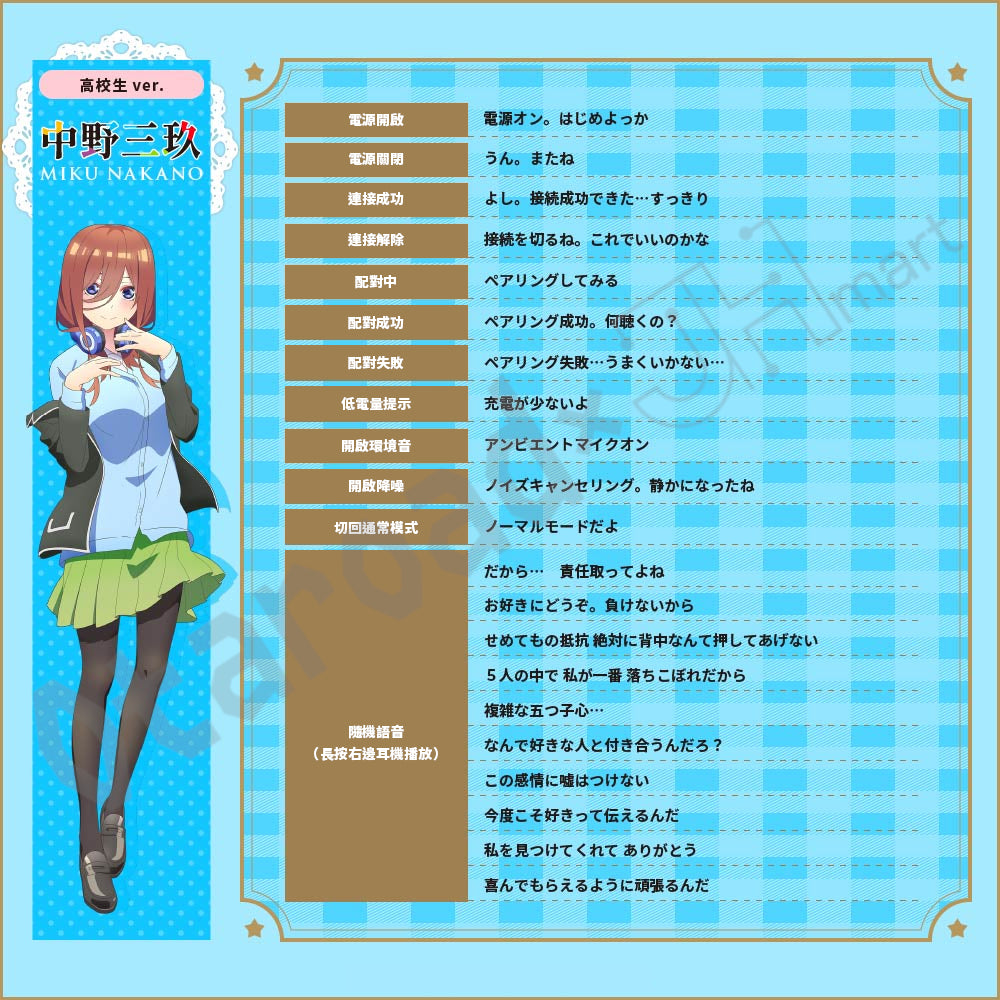 預訂：[日版周邊]「AVIOT × 五等分的新娘」聯名藍牙耳機 TE-V1R-GHY