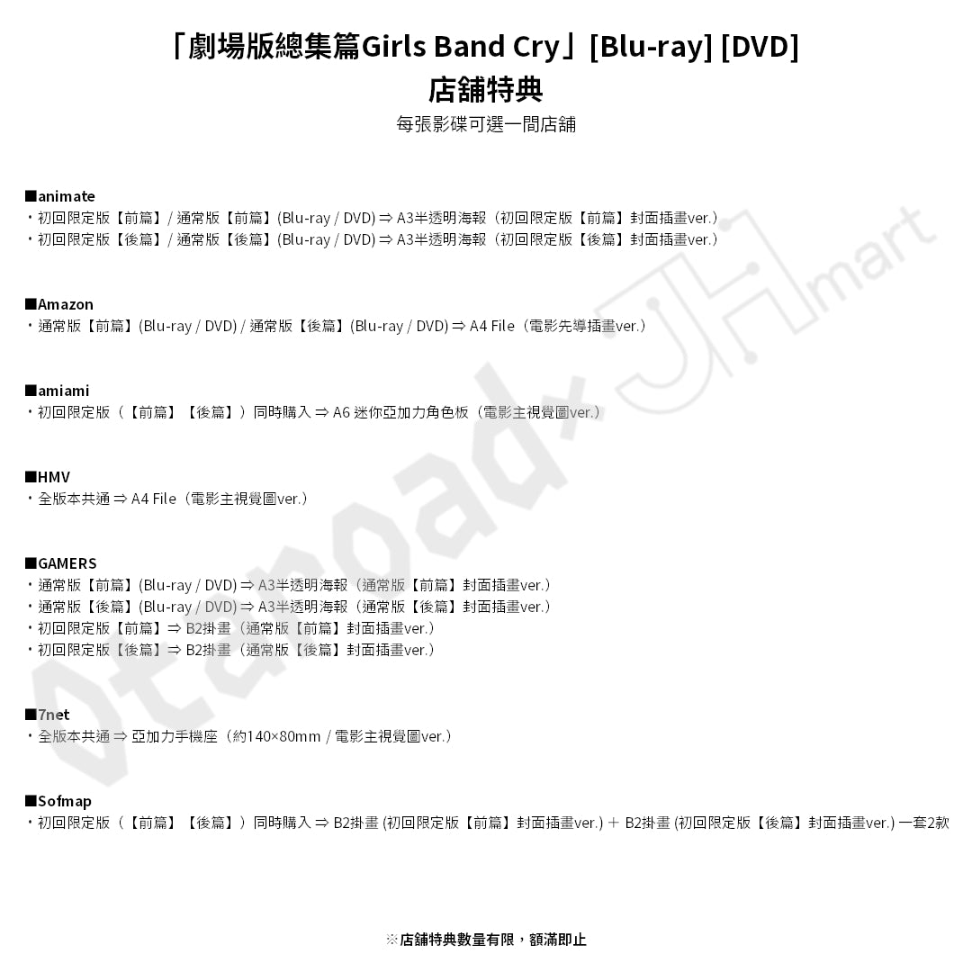 預訂：[日版影碟]「劇場版總集篇Girls Band Cry」【前篇】-青春狂走曲- / 【後篇】-嗨, 未來- [Blu-ray] [DVD] 連特典
